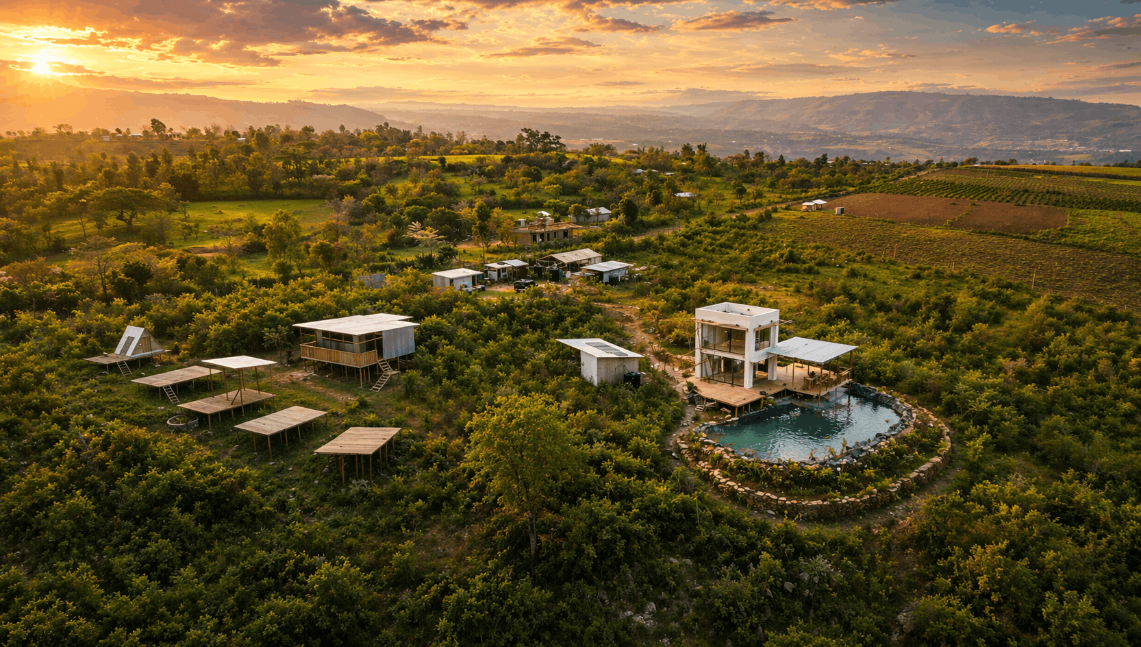 The villa at golden hour, set among trees with the natural pool below